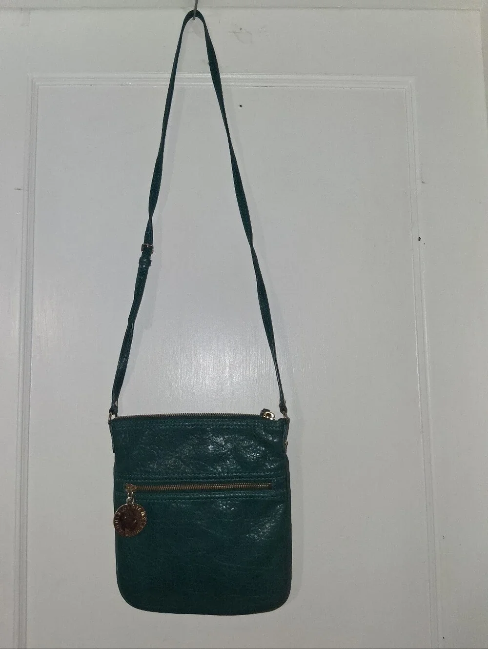 Gianni Bini Teal Blue Leather Crossbody Bag Purse Gold Hardware Minimalist Prep
